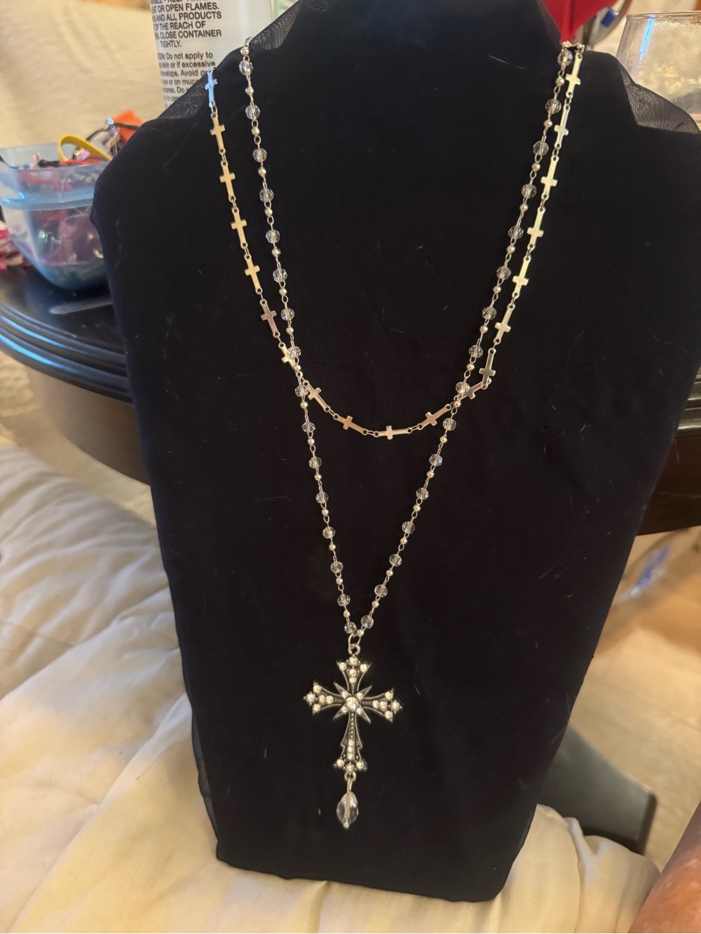 Silver Cross Pendant Layered Necklace - Silver